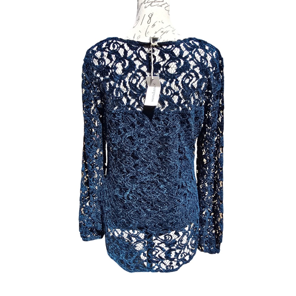 Sundance NWT -1755 Teal Blue Floral Lace Long Sleeve Lined Top Boat Neck Medium - Picture 4 of 9